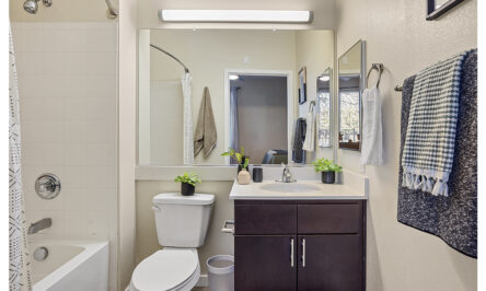 Bathroom with large vanity mirror